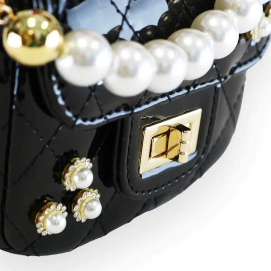 Embellished Patent Quilted Purse - Black