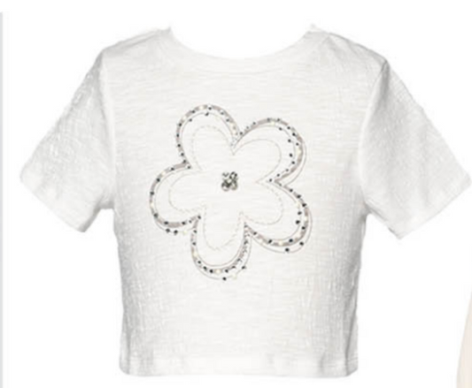 Hannah Banana  Girl's White Flower Rhinestone Crop Top