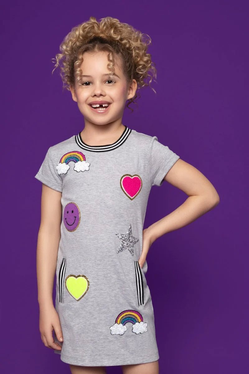 love patches dress - mia new york - kids clothing dress - teragrams childrens boutique